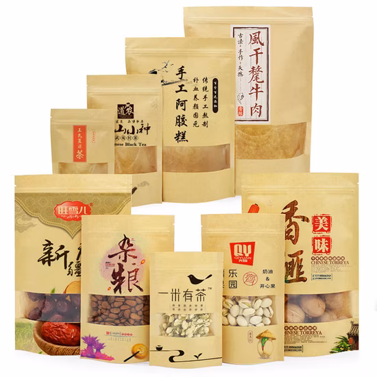 Kundenspezifisches Verpackungsdesign Plastiktüte Biologisch abbaubare Stand-up-Lebensmittelverpackungstüte Wasserdichte Verpackungstüte aus Kraftpapier für Tee, Kaffeebohnen und Müsli